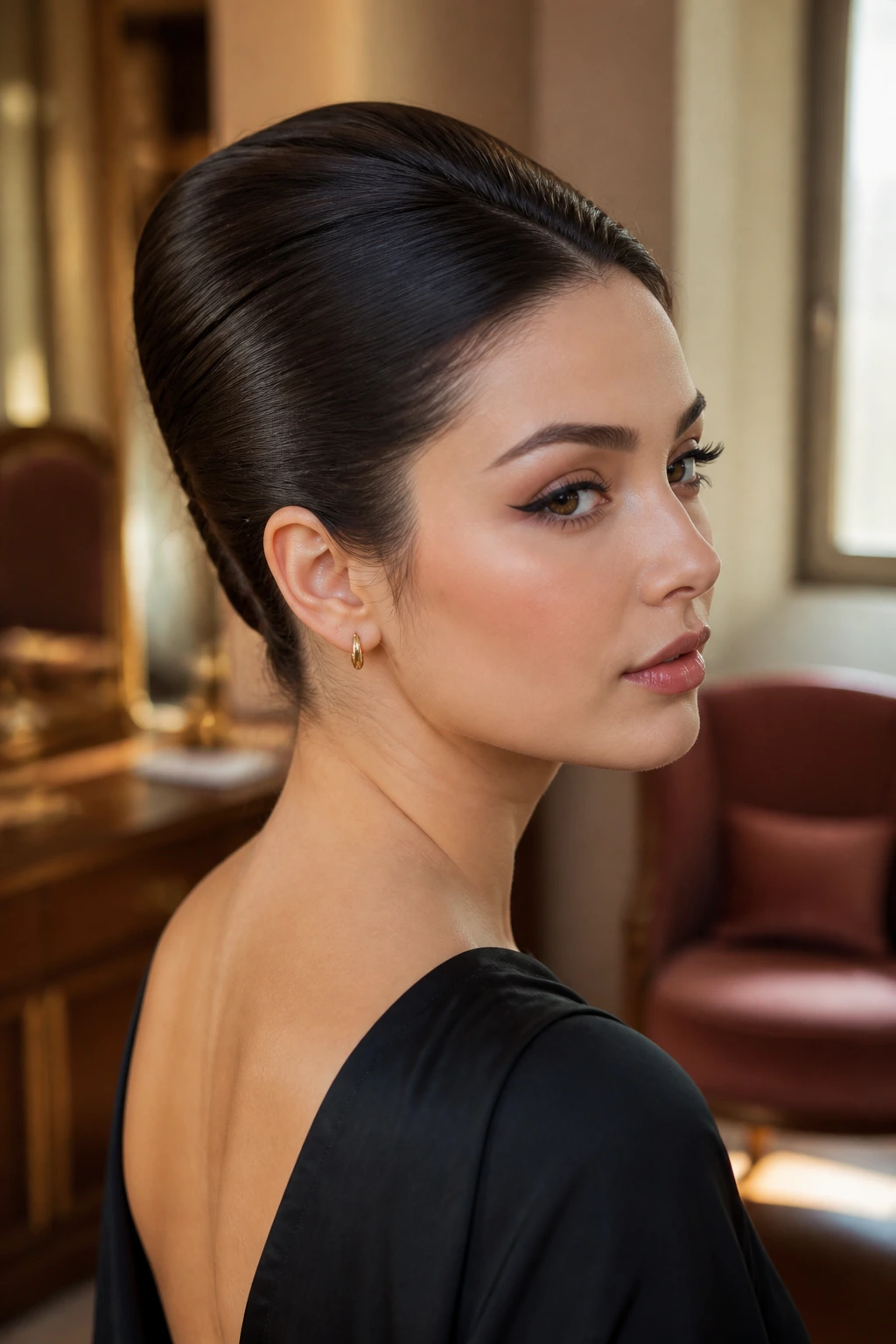 Close-up of a real woman with a sleek French twist and exposed neck