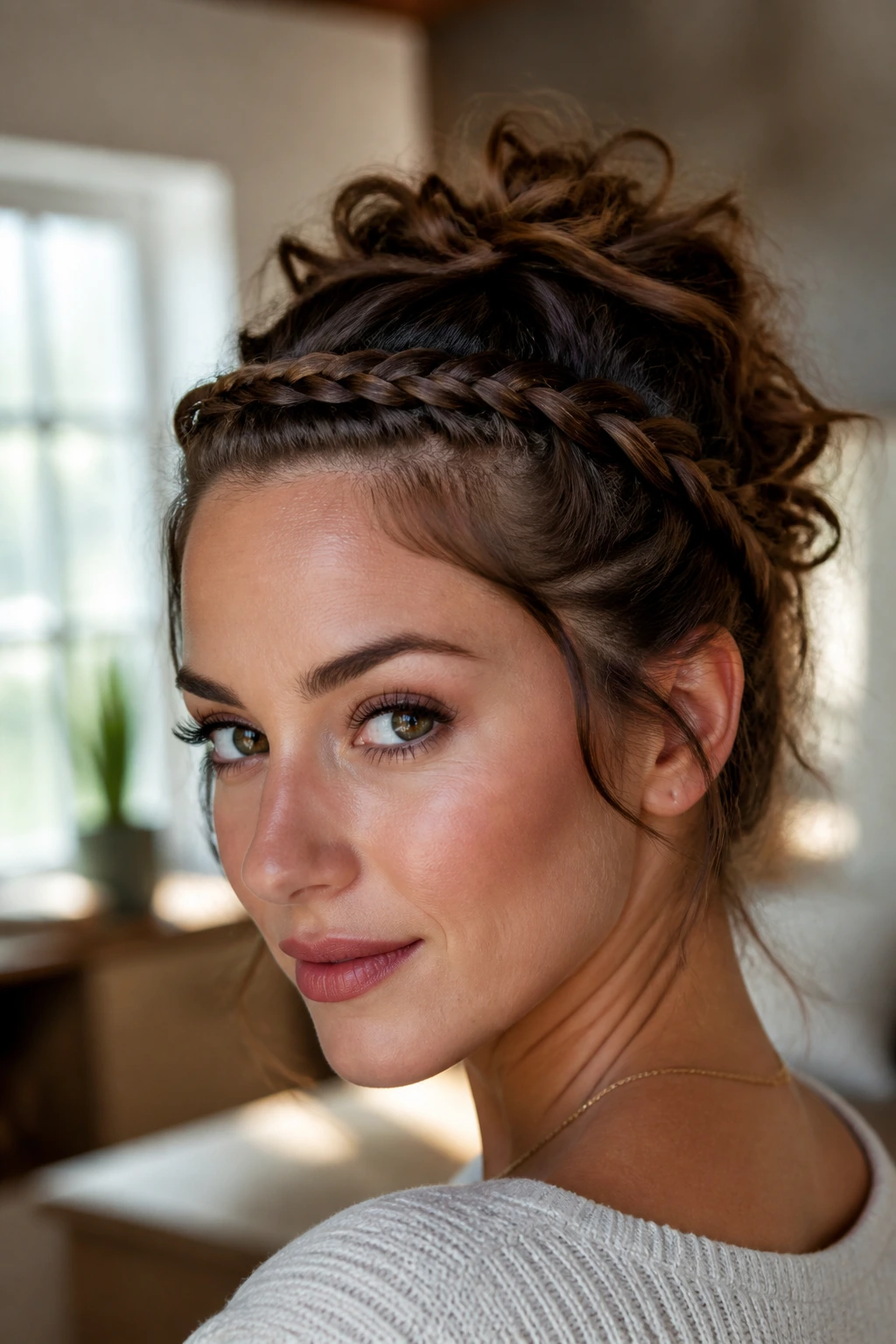 Close-up of a real woman with sleek front French braid and textured crown in soft light