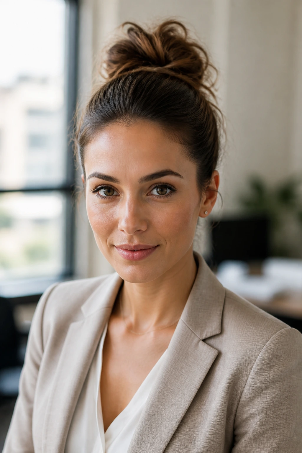 Front view of a real person with sleek-front messy-back hybrid hairstyle