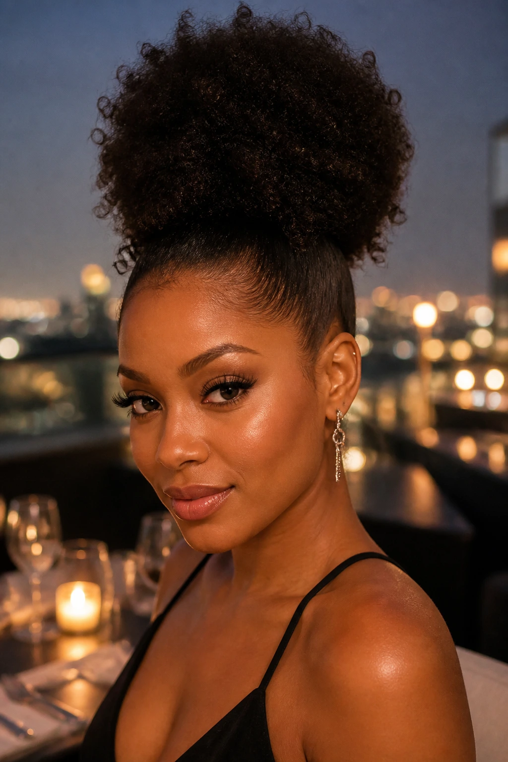 Close-up of a real woman with a sleek front and high voluminous puff for date night