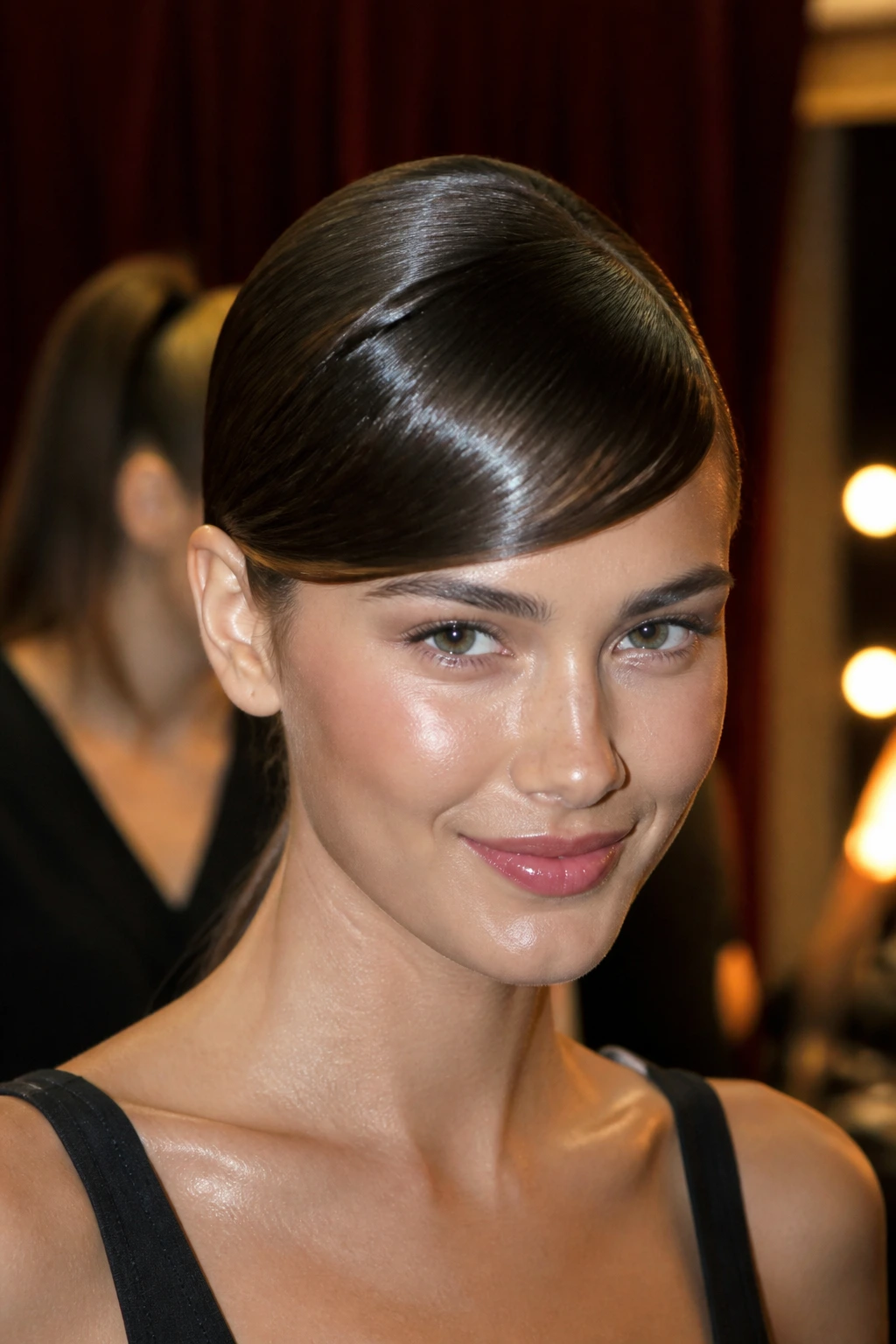Close-up of a real woman with sleek gel guided side swept bangs hugging the brow