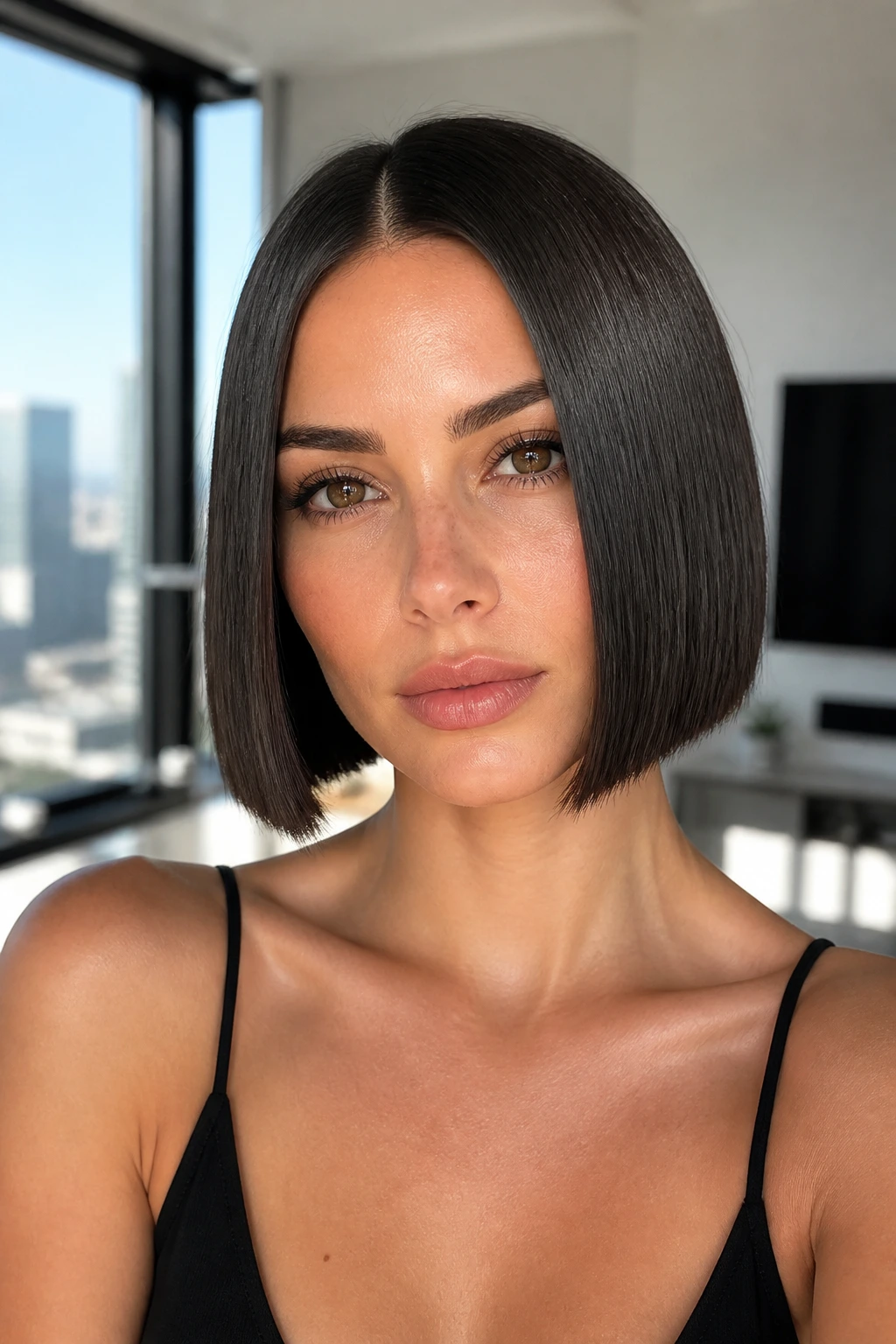 Sleek high-gloss glass bob on a real woman with a sharp jawline