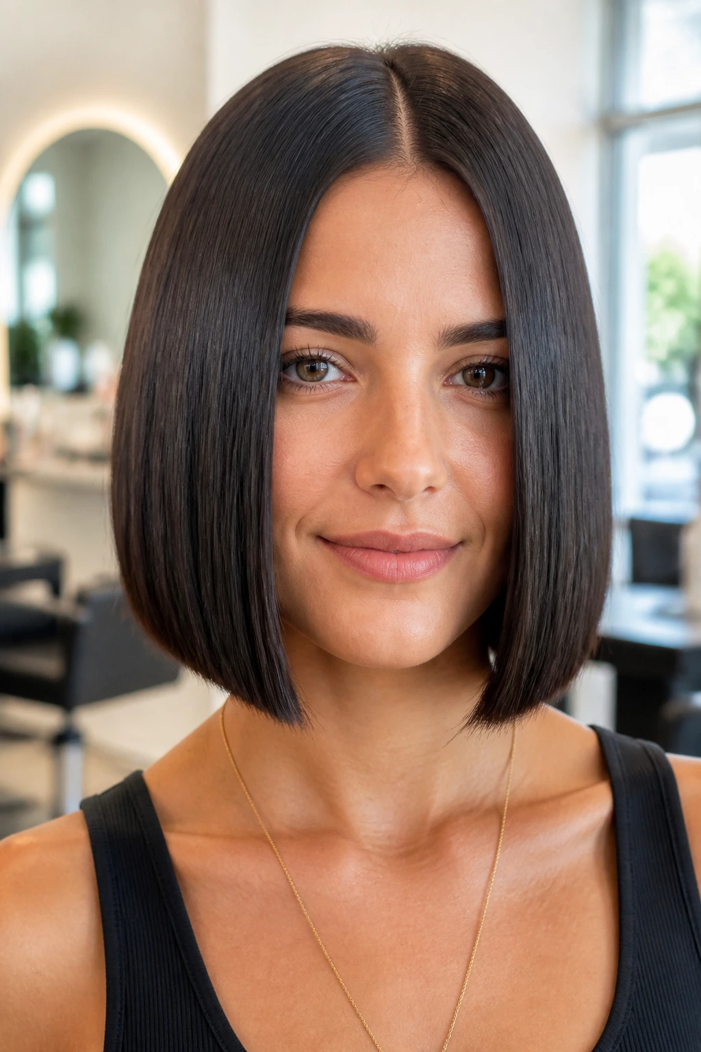 Real person with a sleek, glassy dark bob