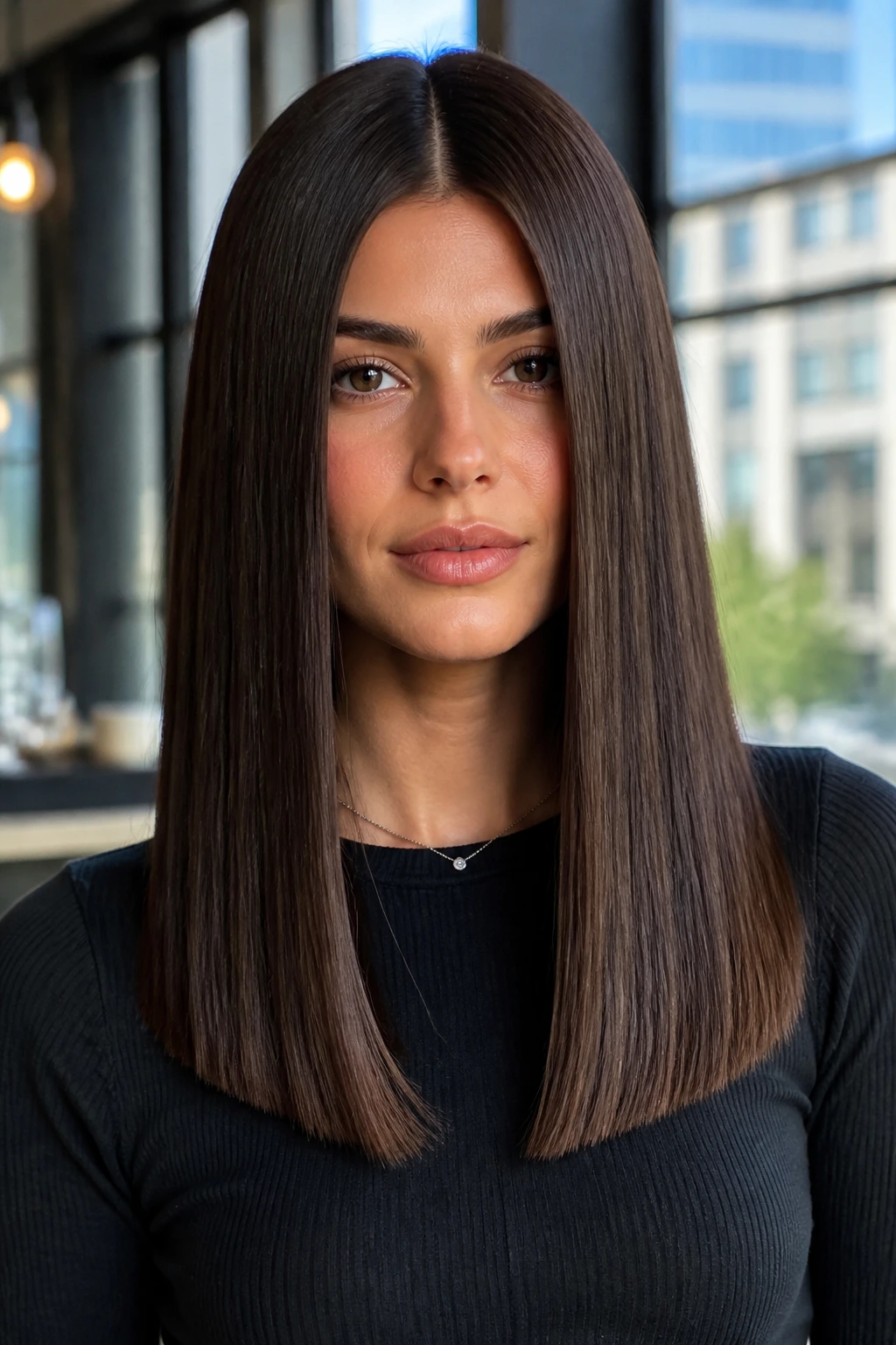 Close-up portrait of woman with sleek glass hair cut and blunt ends