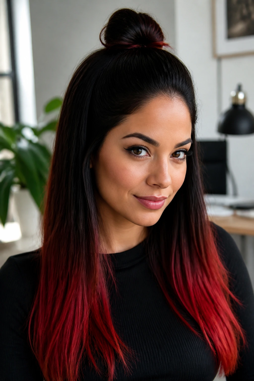 Portrait of a real woman with a sleek half-topknot and red ends