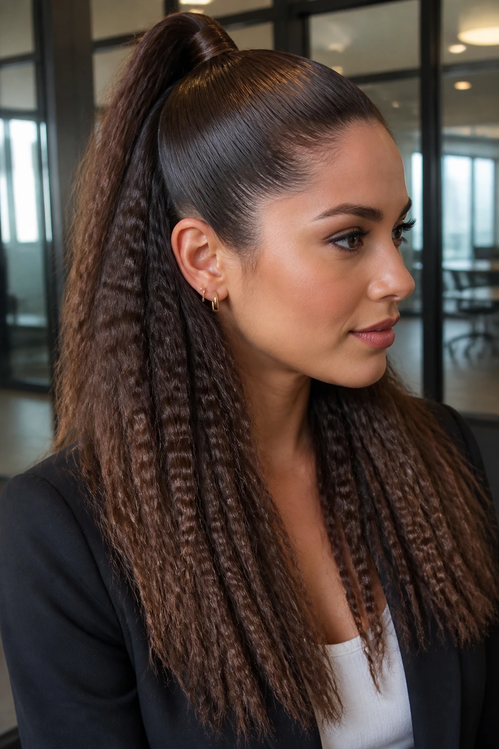 Close-up of a real woman with sleek half-up ponytail and crimped under-section in an office setting