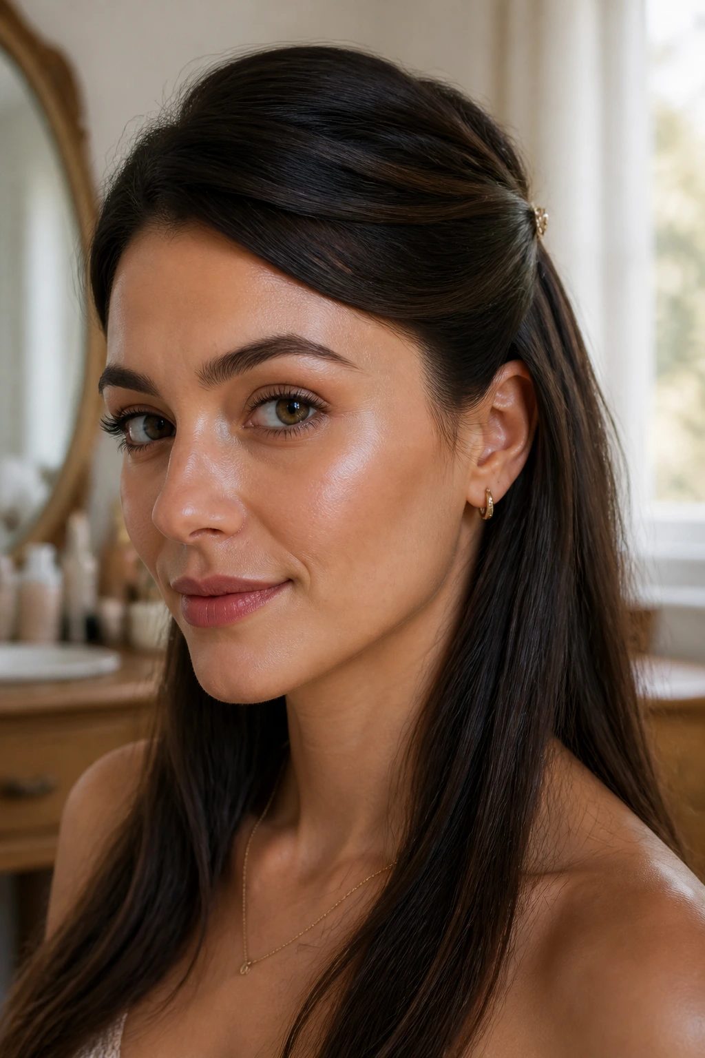 Close-up of a real woman with a sleek half-up side-part hairstyle and barrette