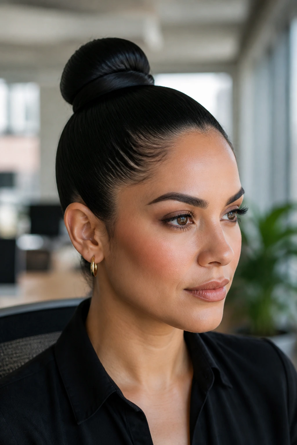 Close-up of a real woman with a sleek high bun and tight, glossy hair