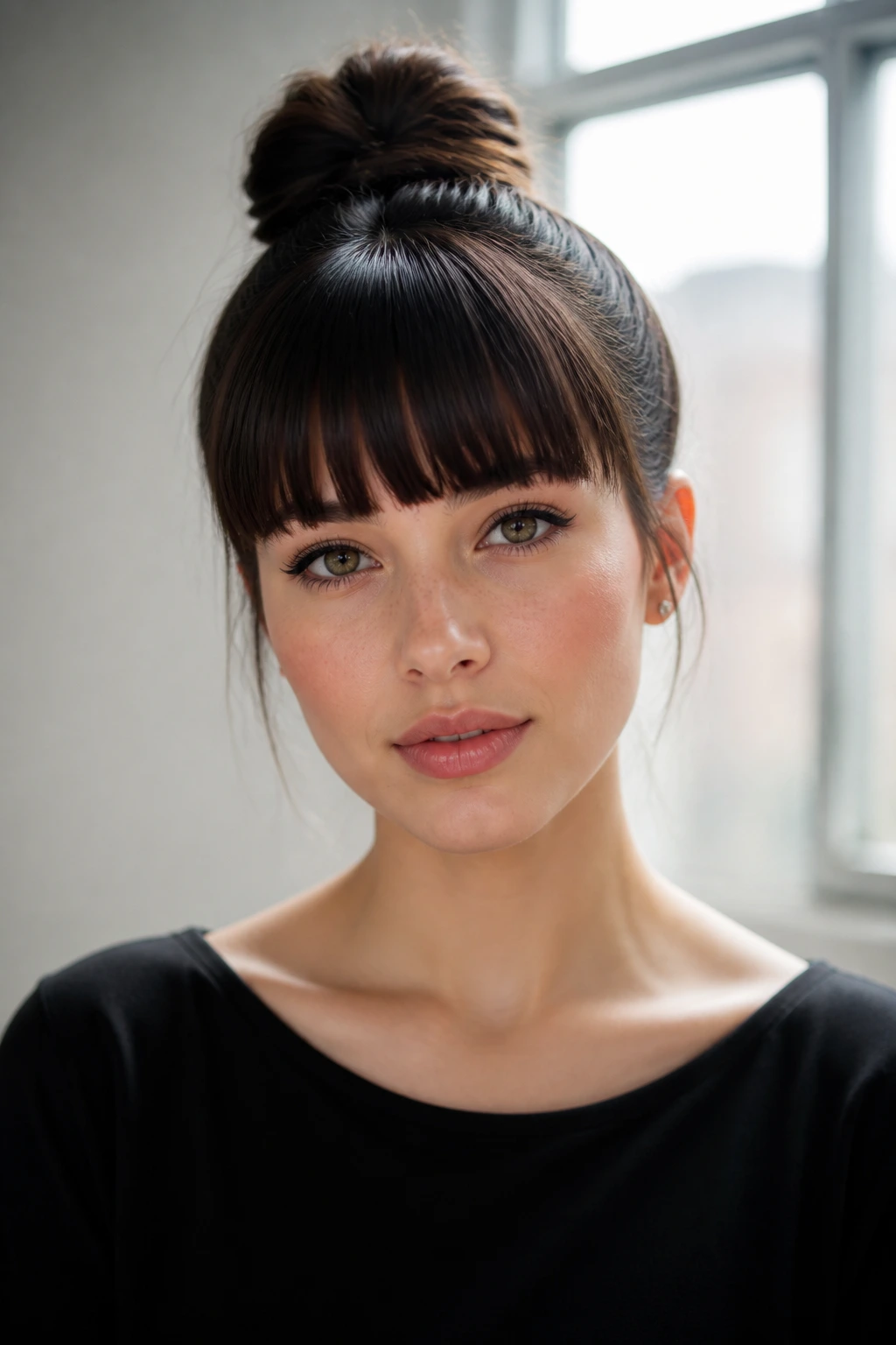Portrait of a woman with a sleek high bun and blunt bangs