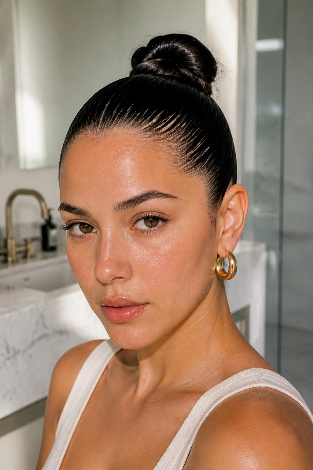 Close-up of a real woman's sleek wet-look bun in a bright bathroom