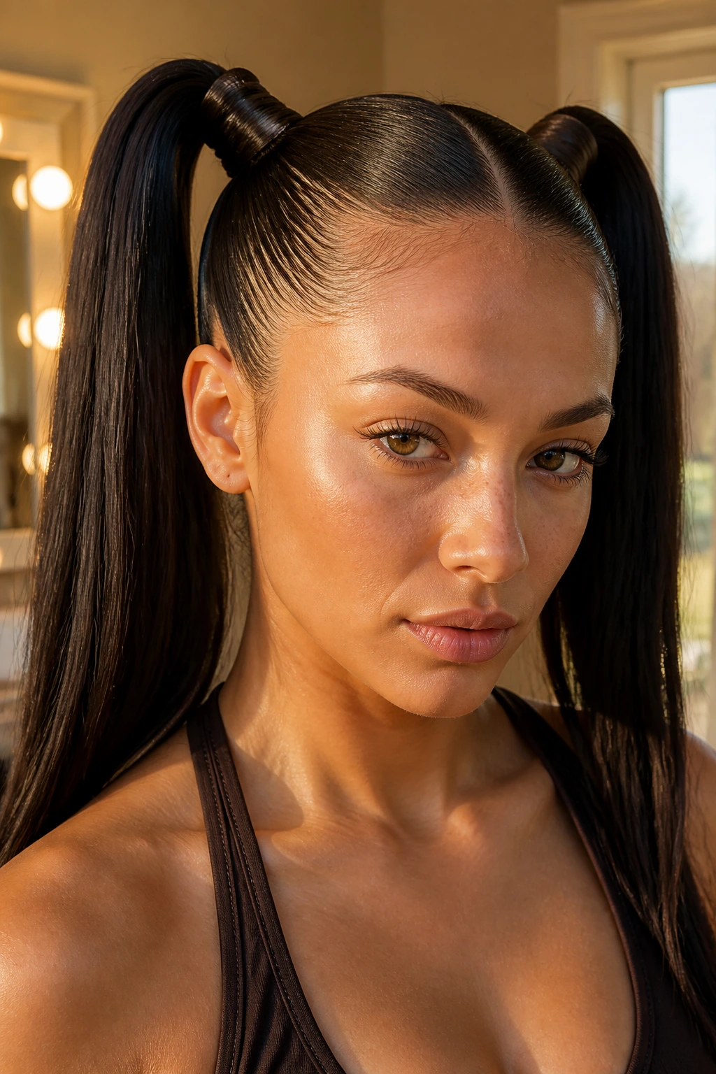 Close-up of Sleek High Pigtails with Wrapped Bases on a real woman