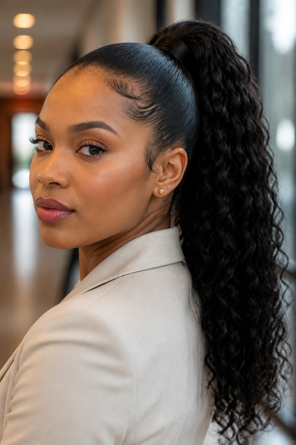 Close-up of a real woman with a sleek high pony and laid edges in an office setting