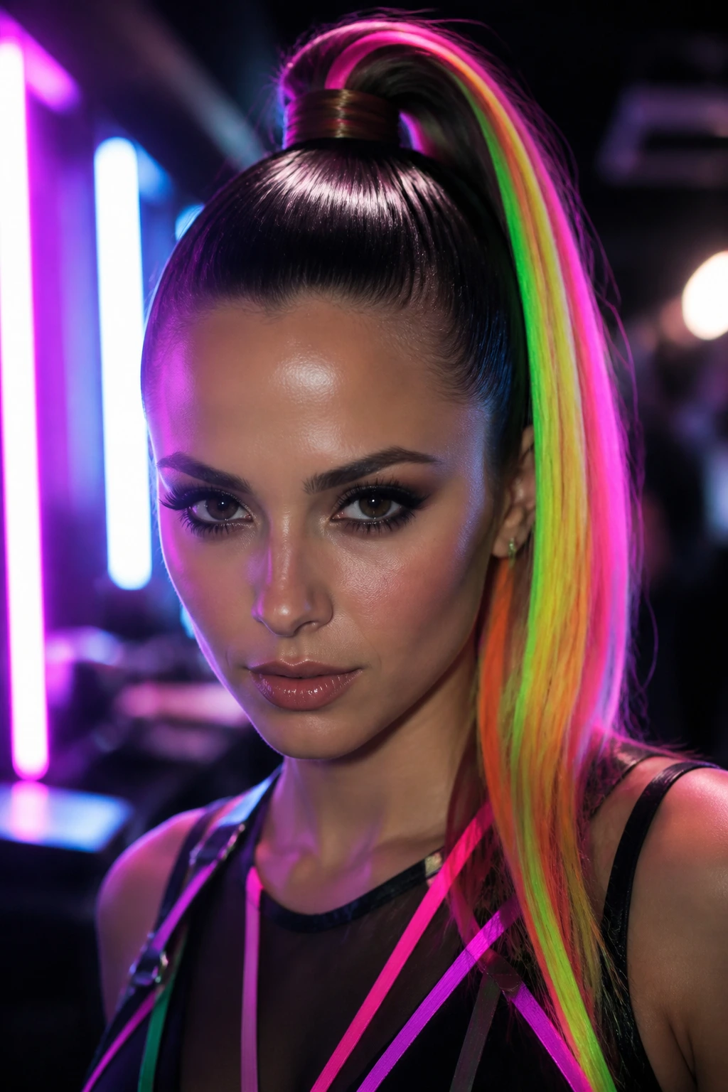 Close-up of a sleek high pony with neon extensions on a real person.