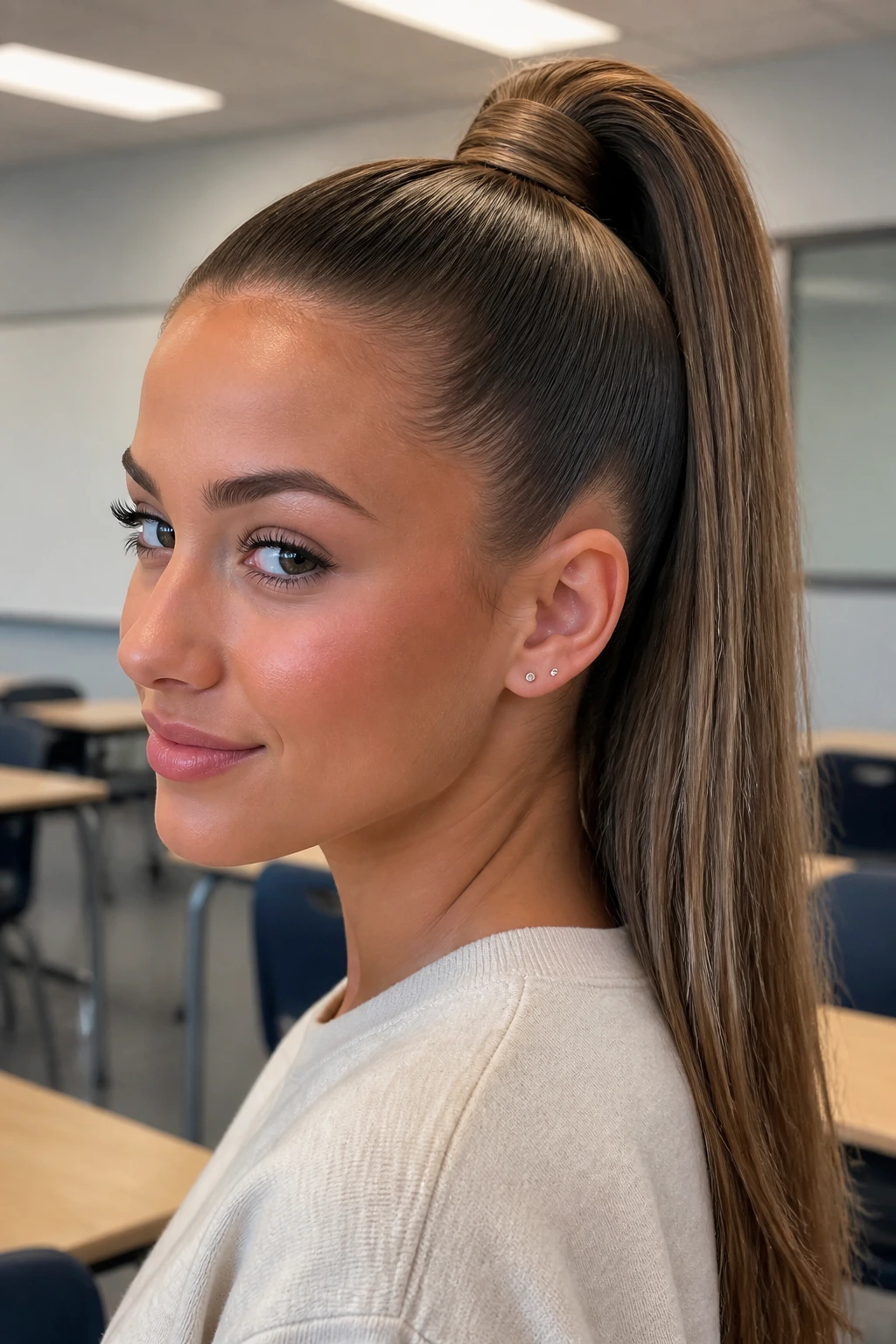 Close-up of a teen with a sleek high pony and wrapped base in a classroom
