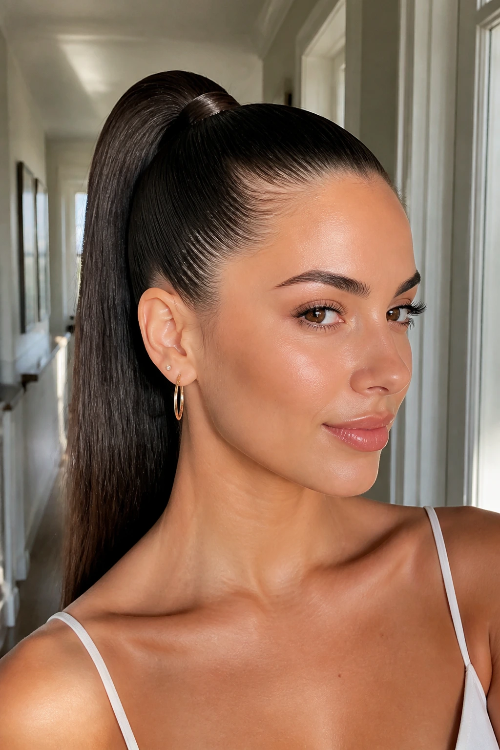 Close-up portrait of a woman with a sleek high ponytail in a bright hallway