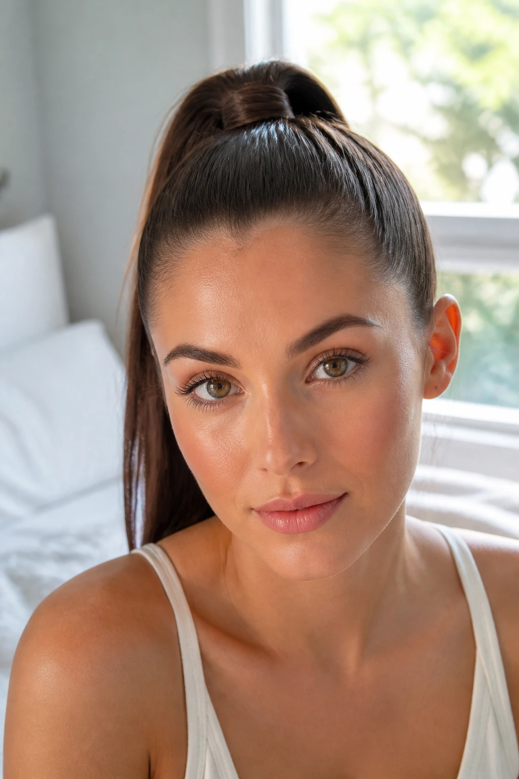 Close-up portrait of a real woman with a sleek high ponytail
