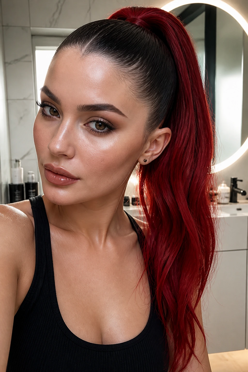 Real woman with a sleek high ponytail showing red ends flames against black roots