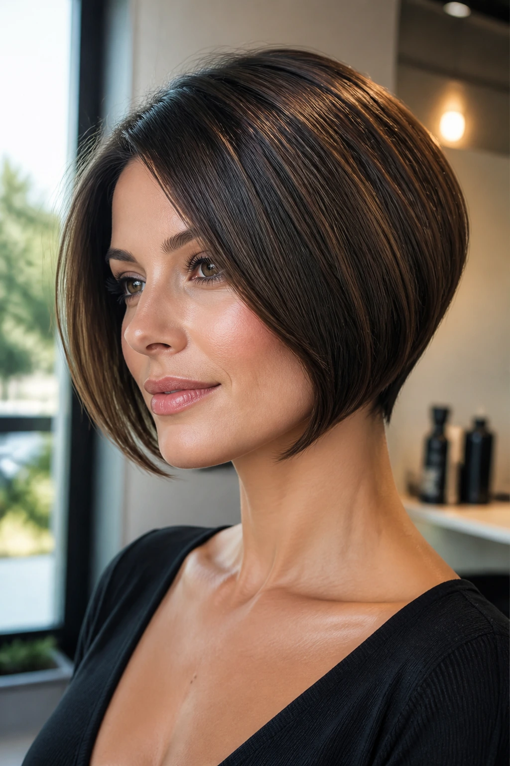 Close-up of a real woman with sleek high-shine stacked bob