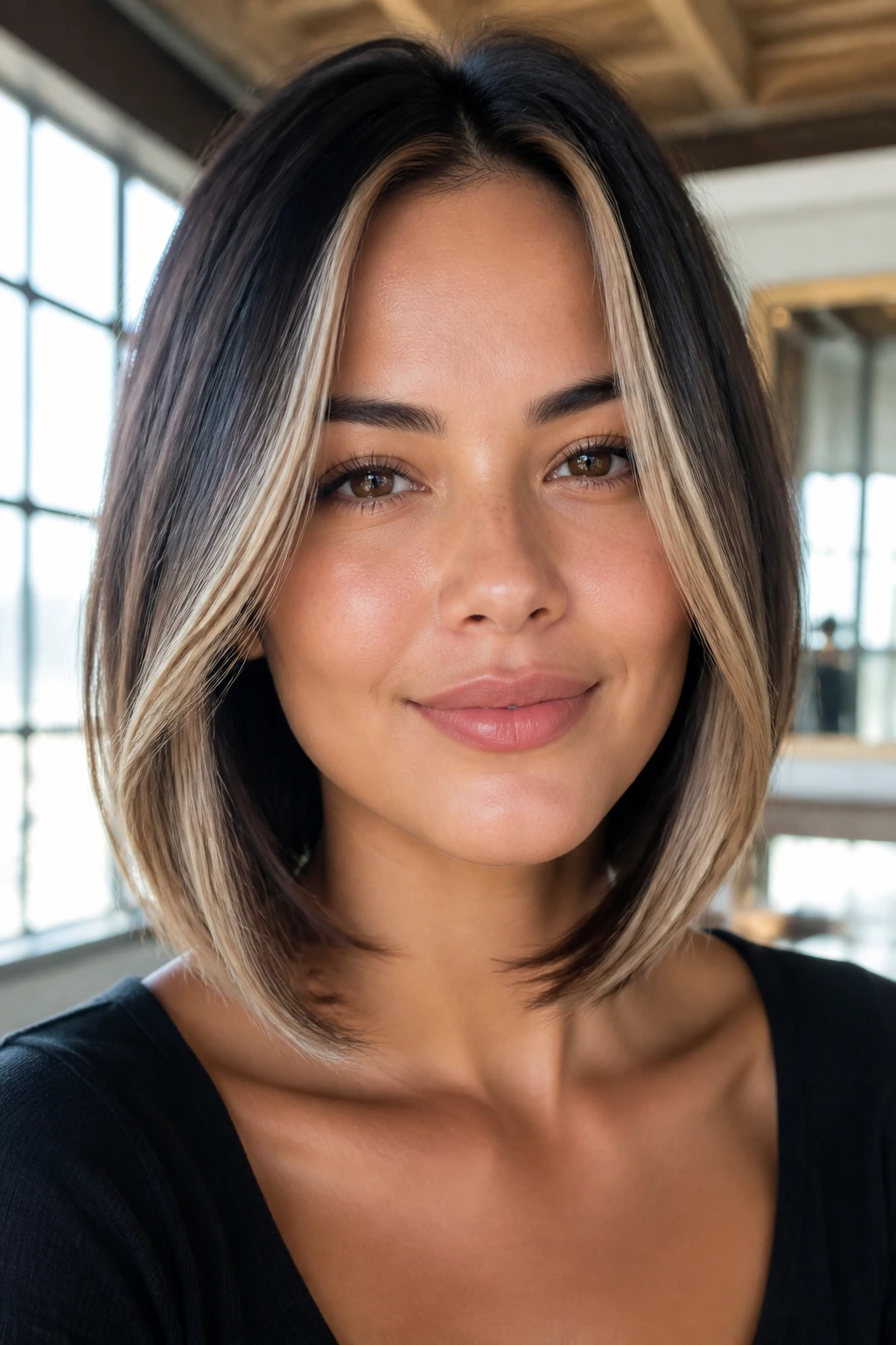 Close-up of a real person with sleek inverted lob and face-framing highlights
