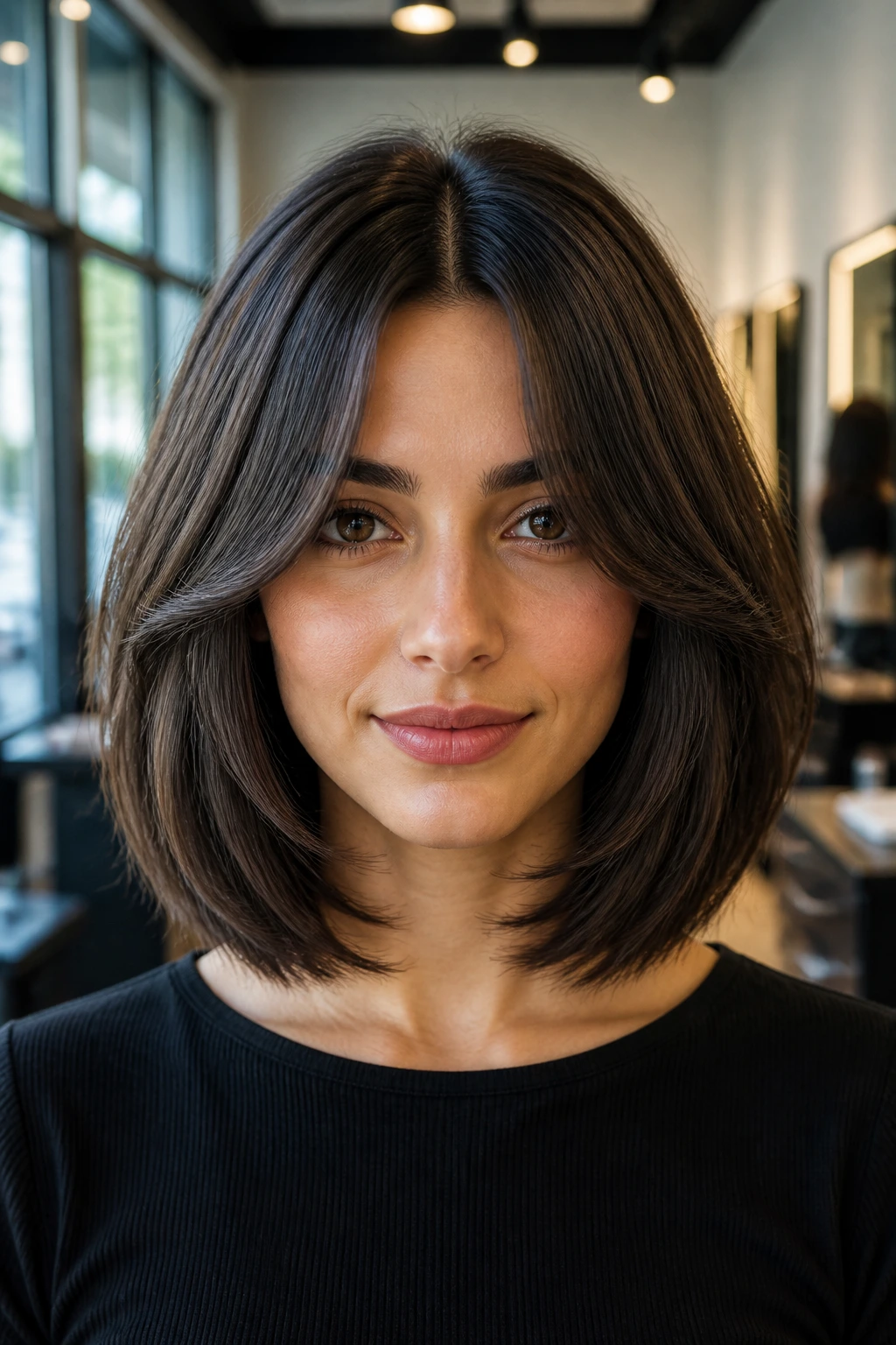 Close-up of a woman with sleek layered bob and middle part