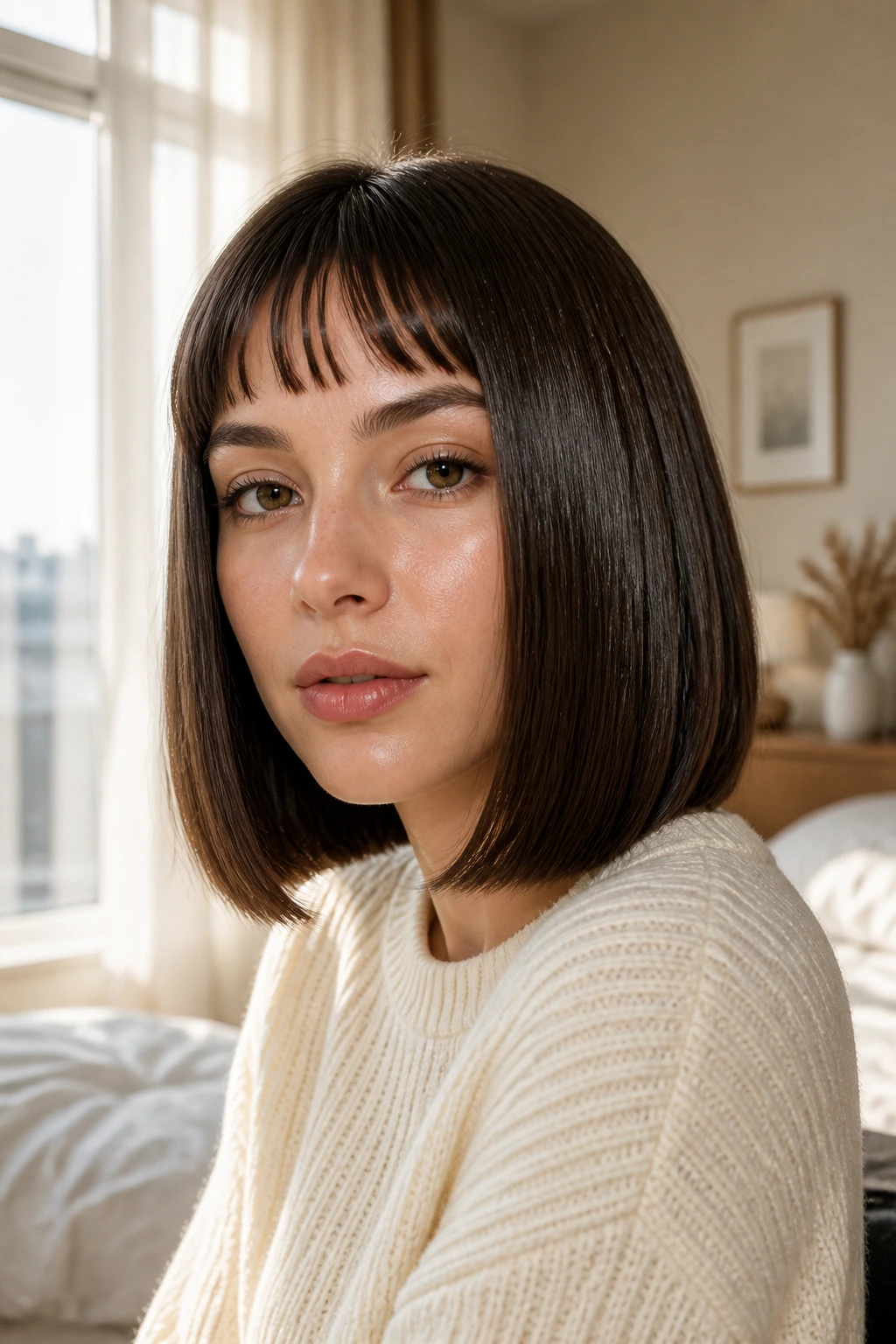 Close-up portrait of a real woman with a sleek lob and baby bangs in natural window light.