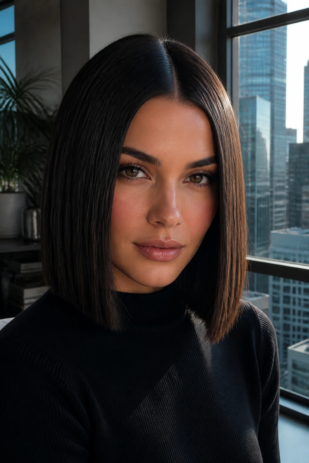 Close-up portrait of a real woman with sleek center-parted long bob