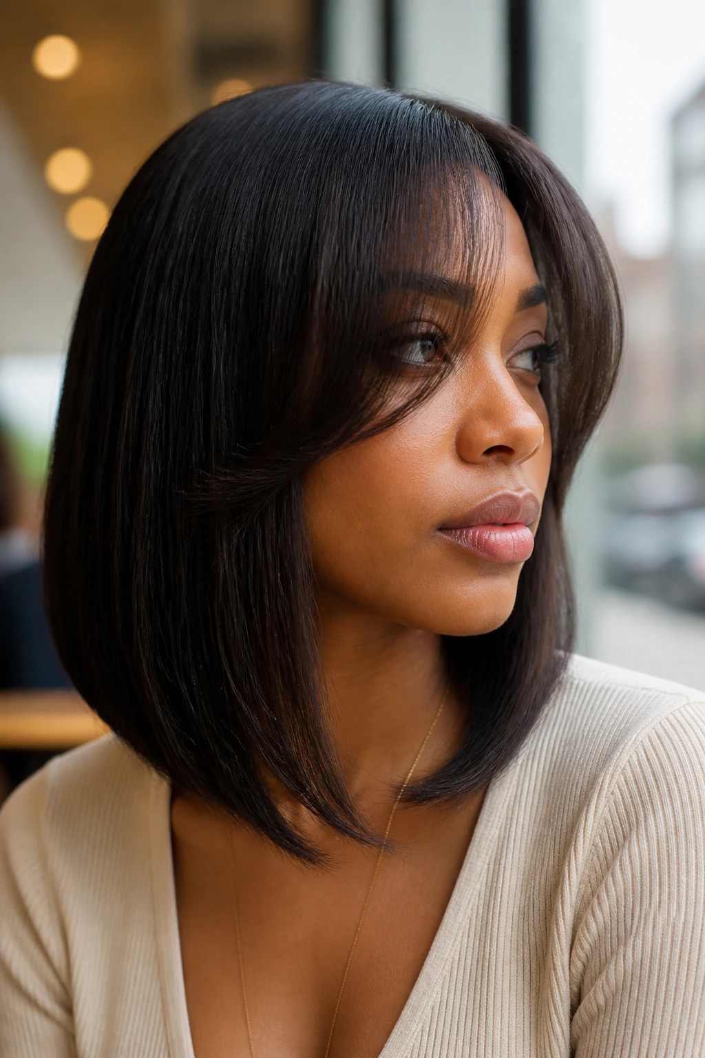 Portrait of a real woman with sleek lob and chandelier bangs in daylight