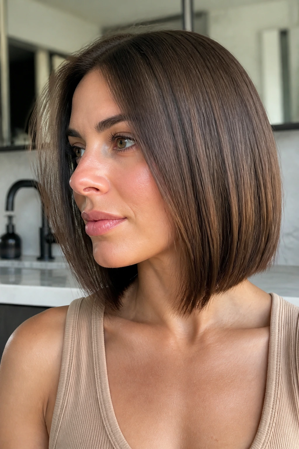 Close-up portrait of a real person with sleek lob and internal layers