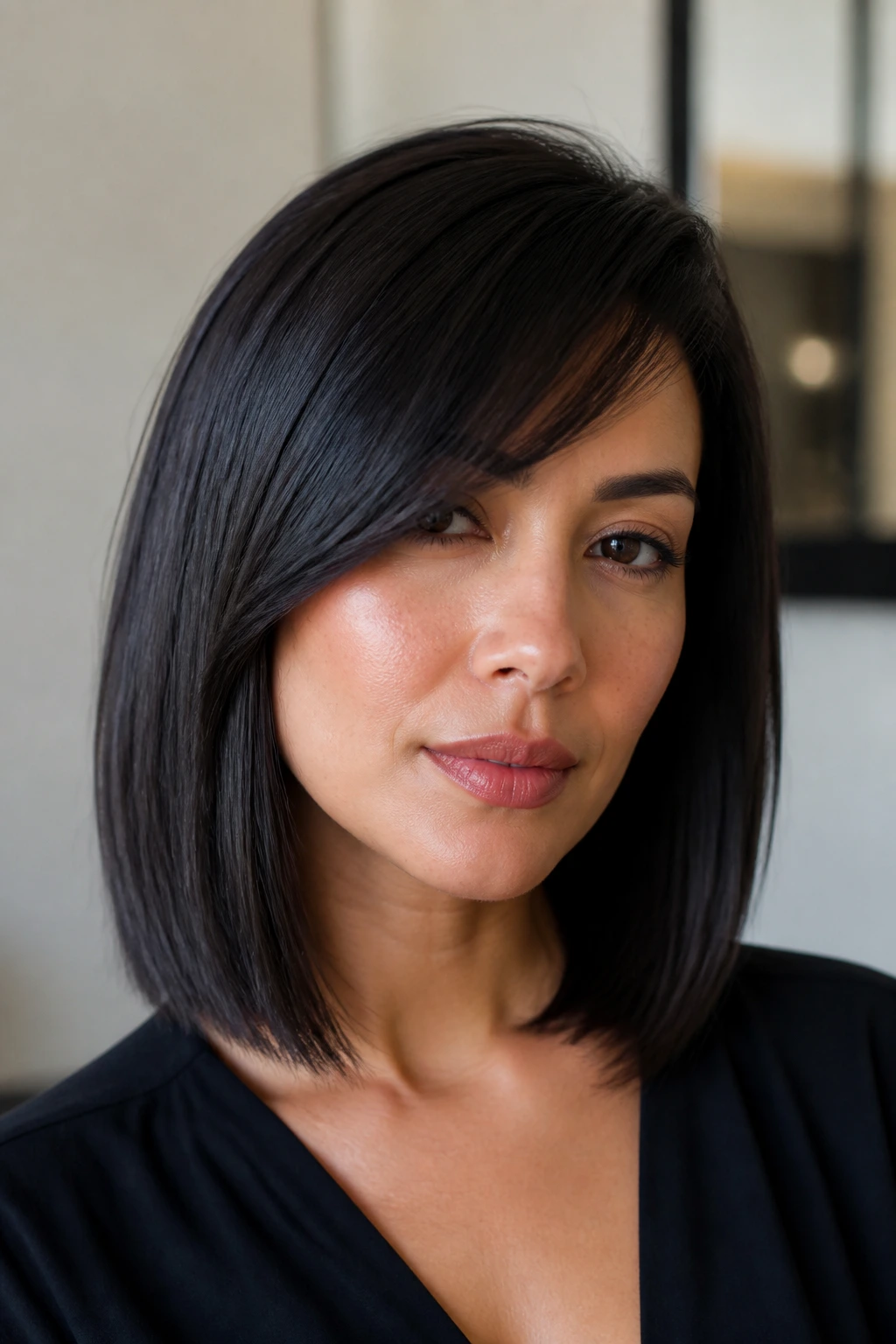 Close-up of a real woman with sleek lob and side-swept fringe in a softly lit room