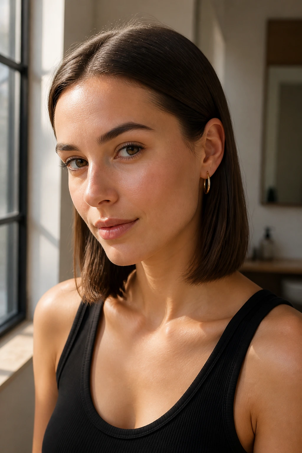 Portrait of a woman with a sleek lob and tucked sides behind the ears