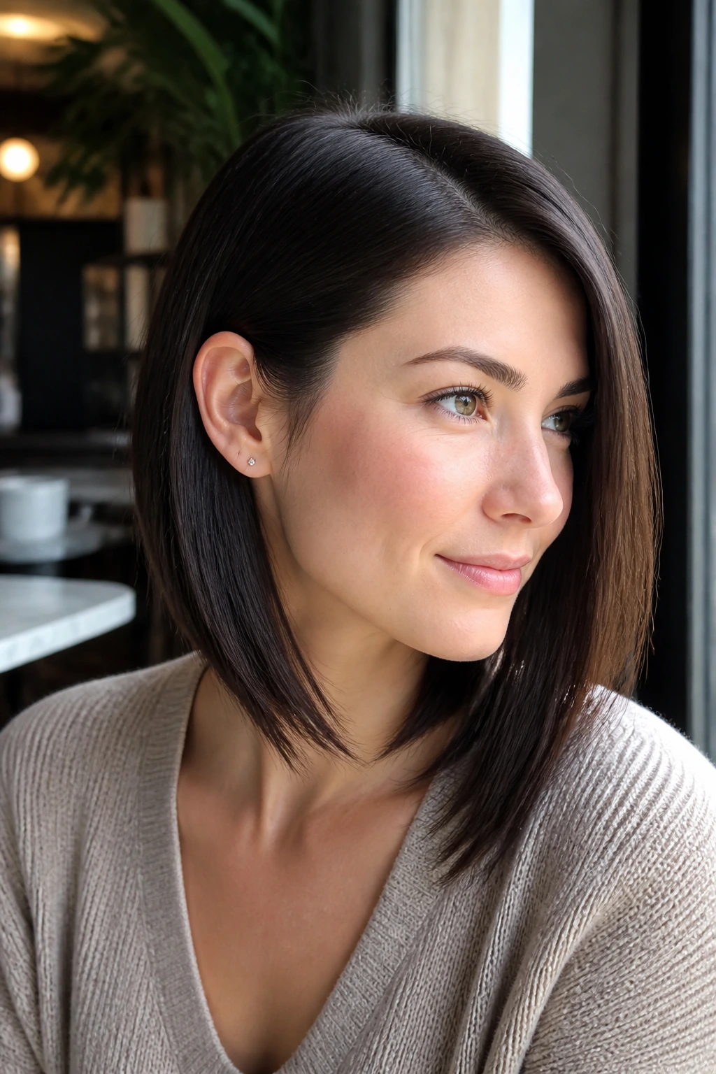 Close-up of a real woman with a sleek lob tucked behind her ear