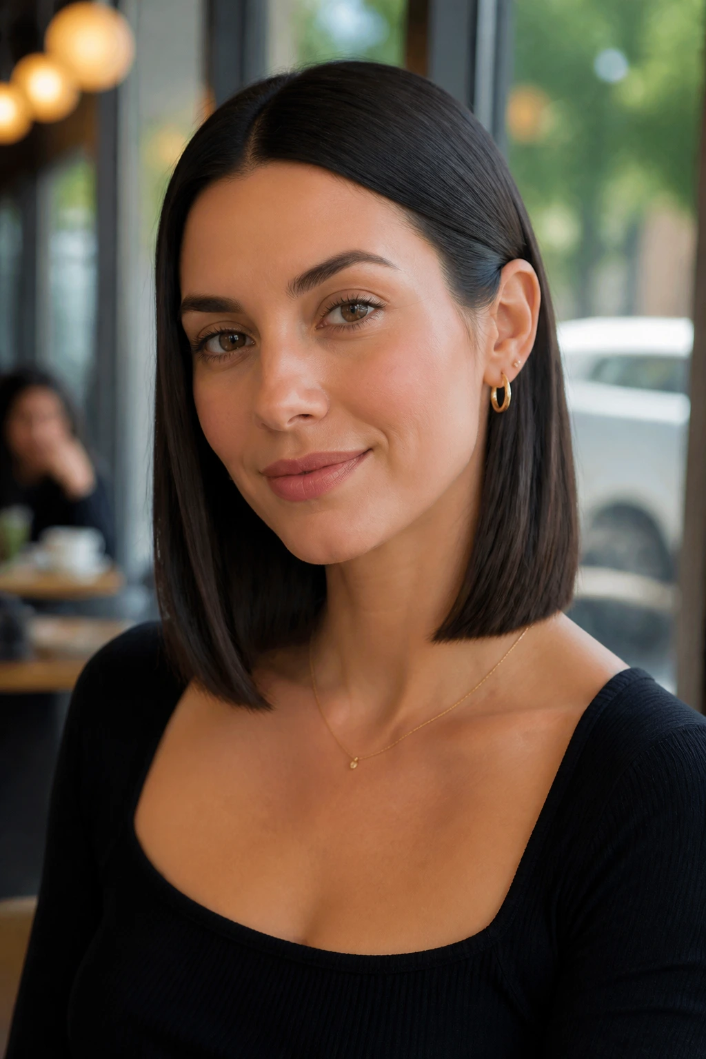Close-up portrait of a real woman with sleek lob tucked sides