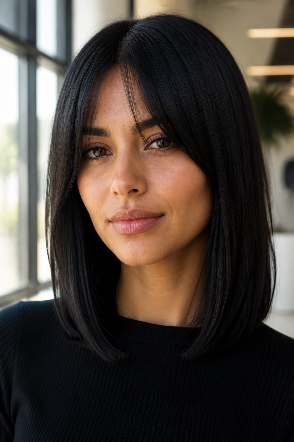 Close-up portrait of a sleek lob with wispy center-parted bangs on a real person