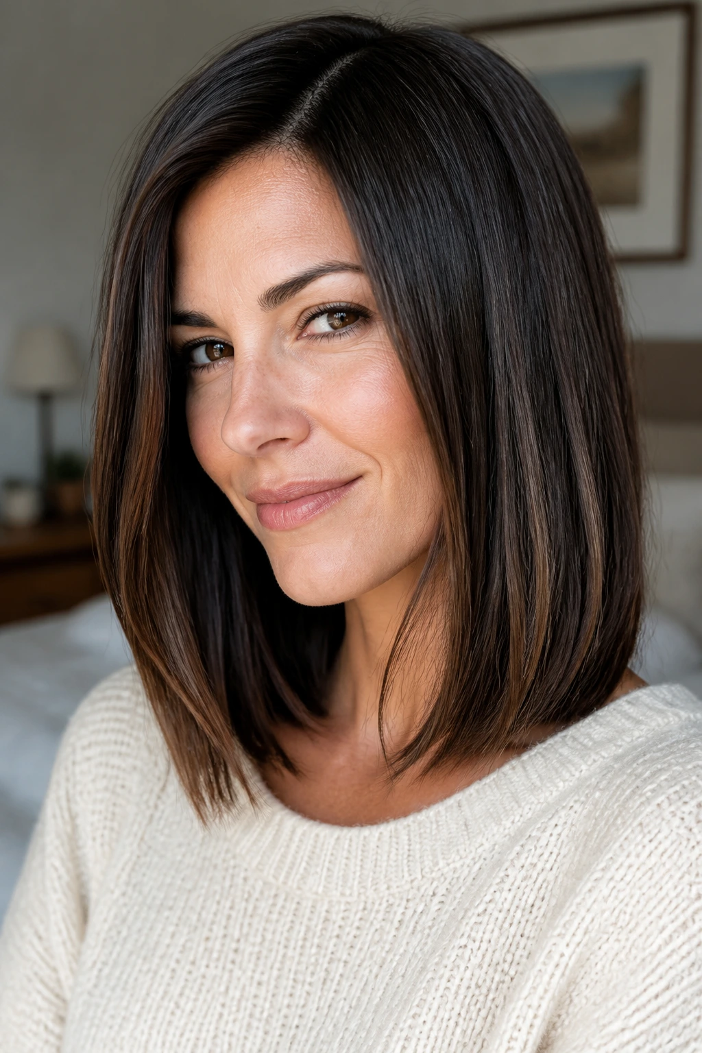Close-up portrait of a real woman with a sleek long bob, glossy hair and natural light.