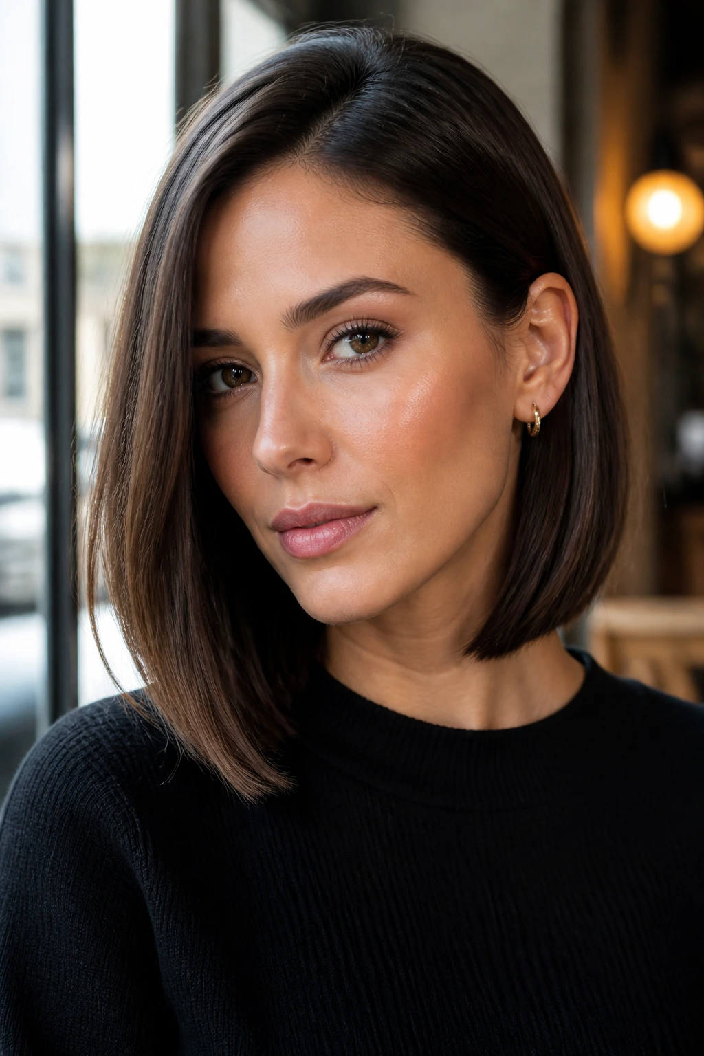 Close-up of a real woman with sleek long bob tucked behind ear in cafe setting