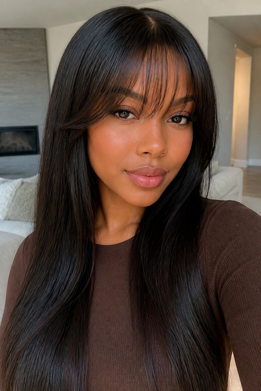 Real woman with a sleek long wig and wispy bangs.