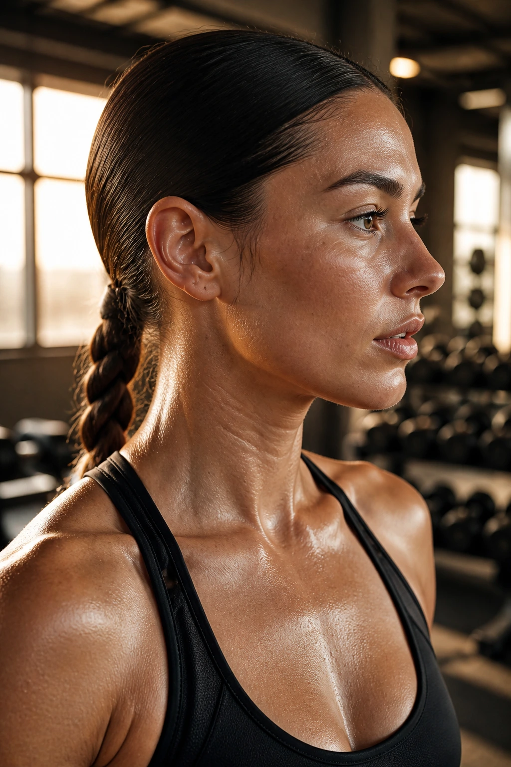 Close-up of a real woman with a sleek low braid during a workout