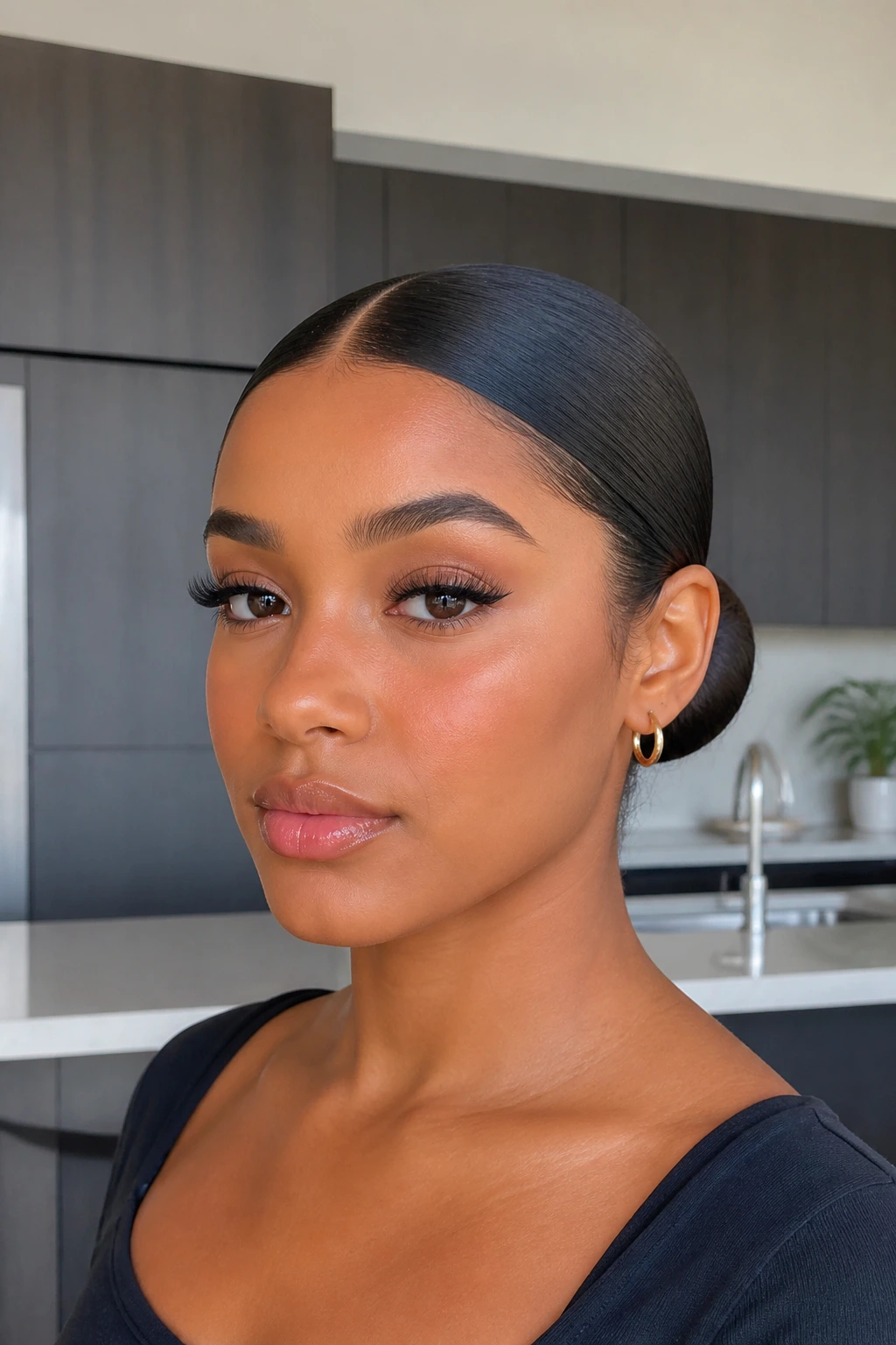 Close-up of a real woman with a sleek low bun and centered part