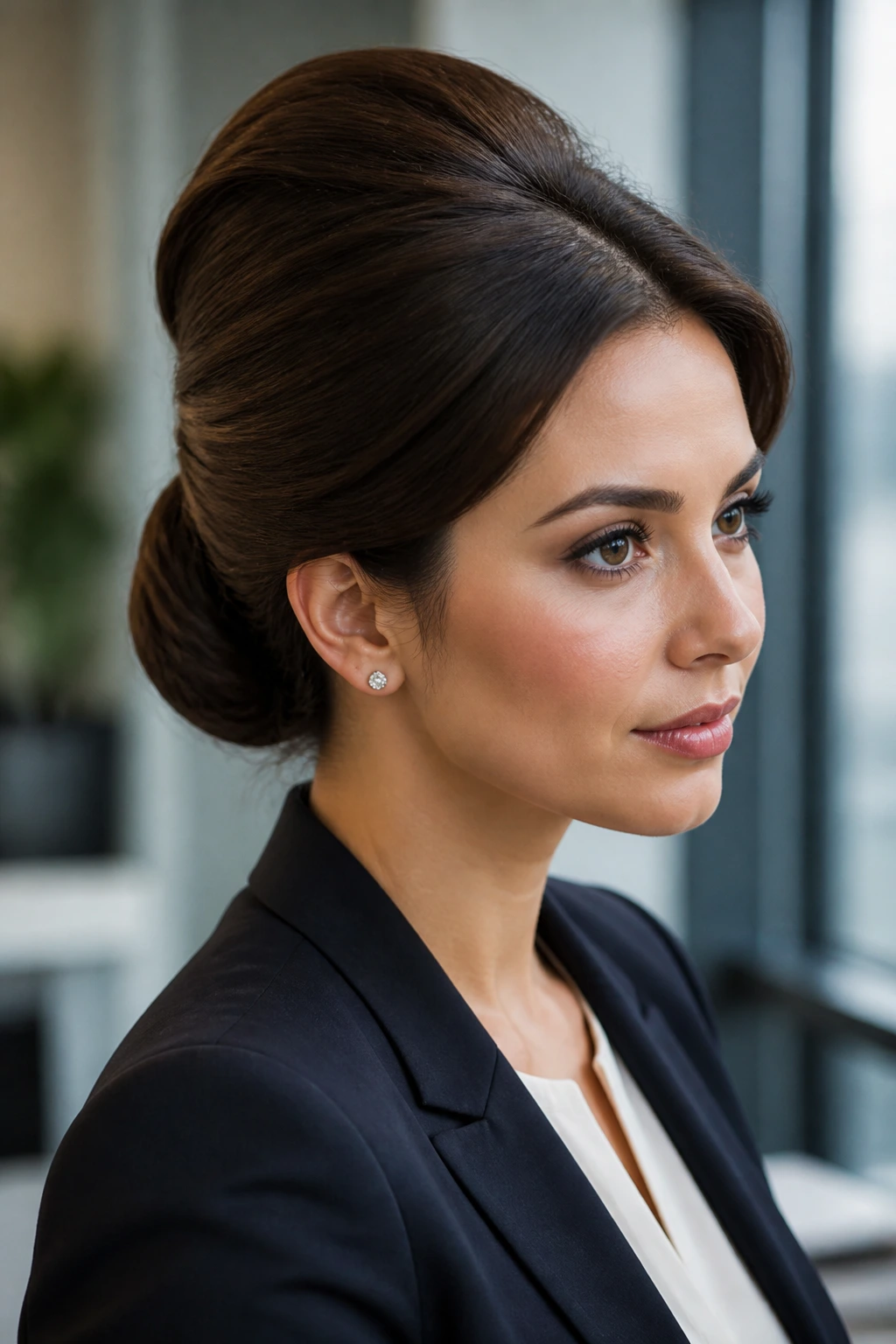 Close-up of a woman with a sleek low-bun beehive in office daylight