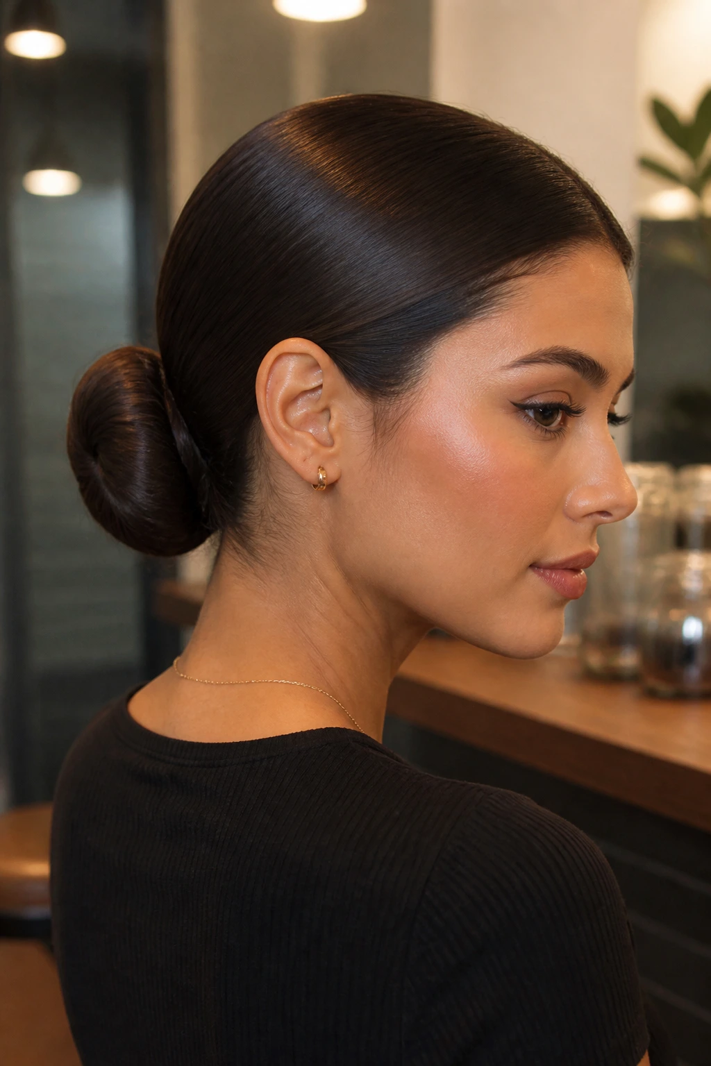 Brunette with a sleek, glossy low bun