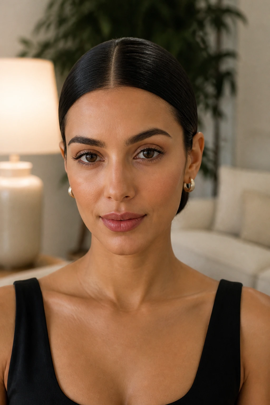 Portrait of a real person with a sleek low bun and center part
