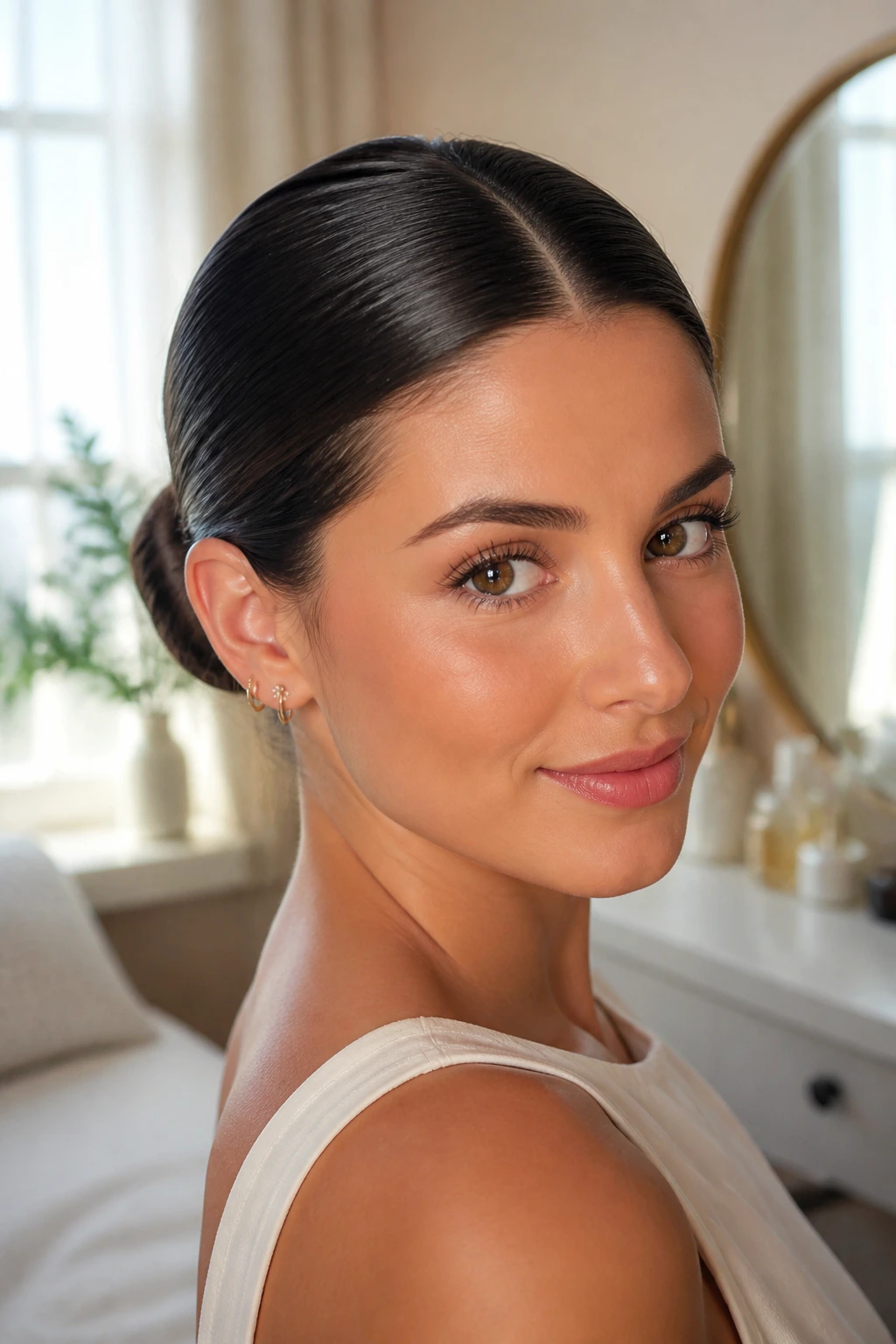 Close-up of a real woman with a sleek center-part low bun in natural window light