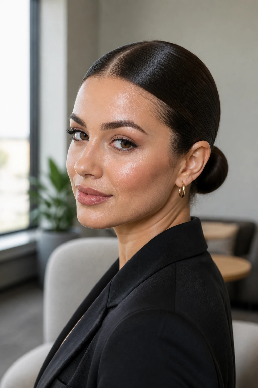 Close-up portrait of a real woman with a sleek low bun and centered middle part.