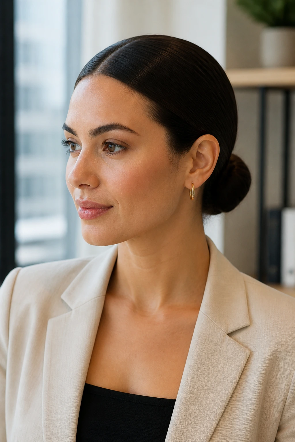 Close-up of a woman with a sleek center-parted low bun in an office setting