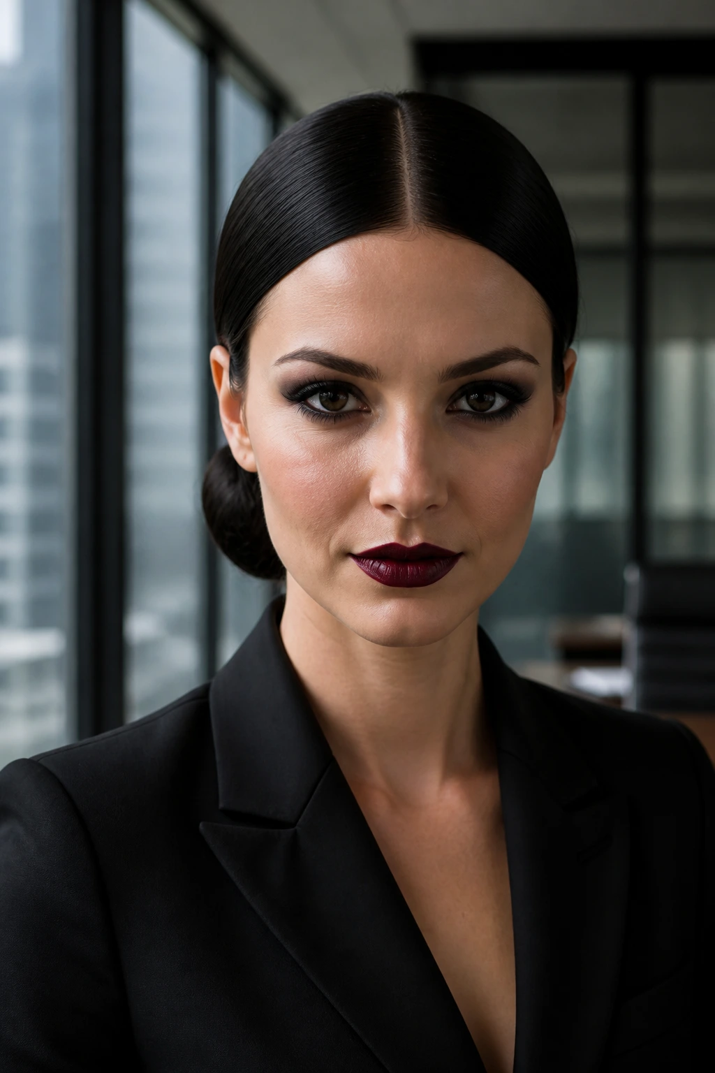 Portrait of a woman with center-parted hair and a sleek low bun.