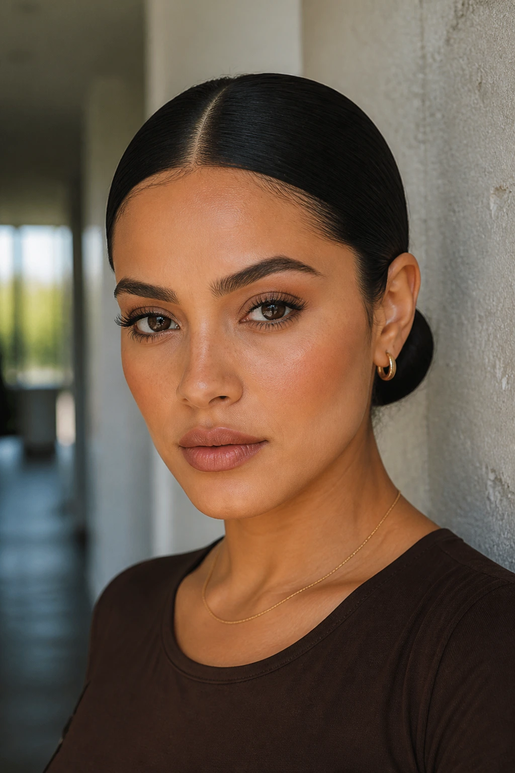 Close-up of a real woman with a sleek center-part and a low bun