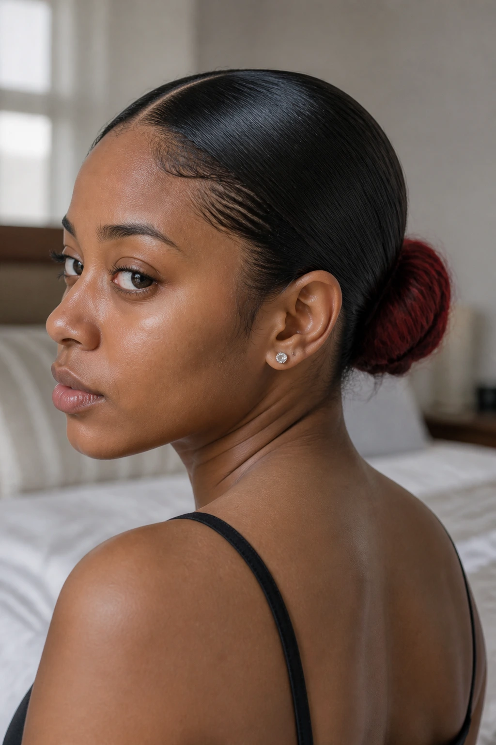 Close-up of a real woman with a sleek low bun and center part; red tips at the bun center.