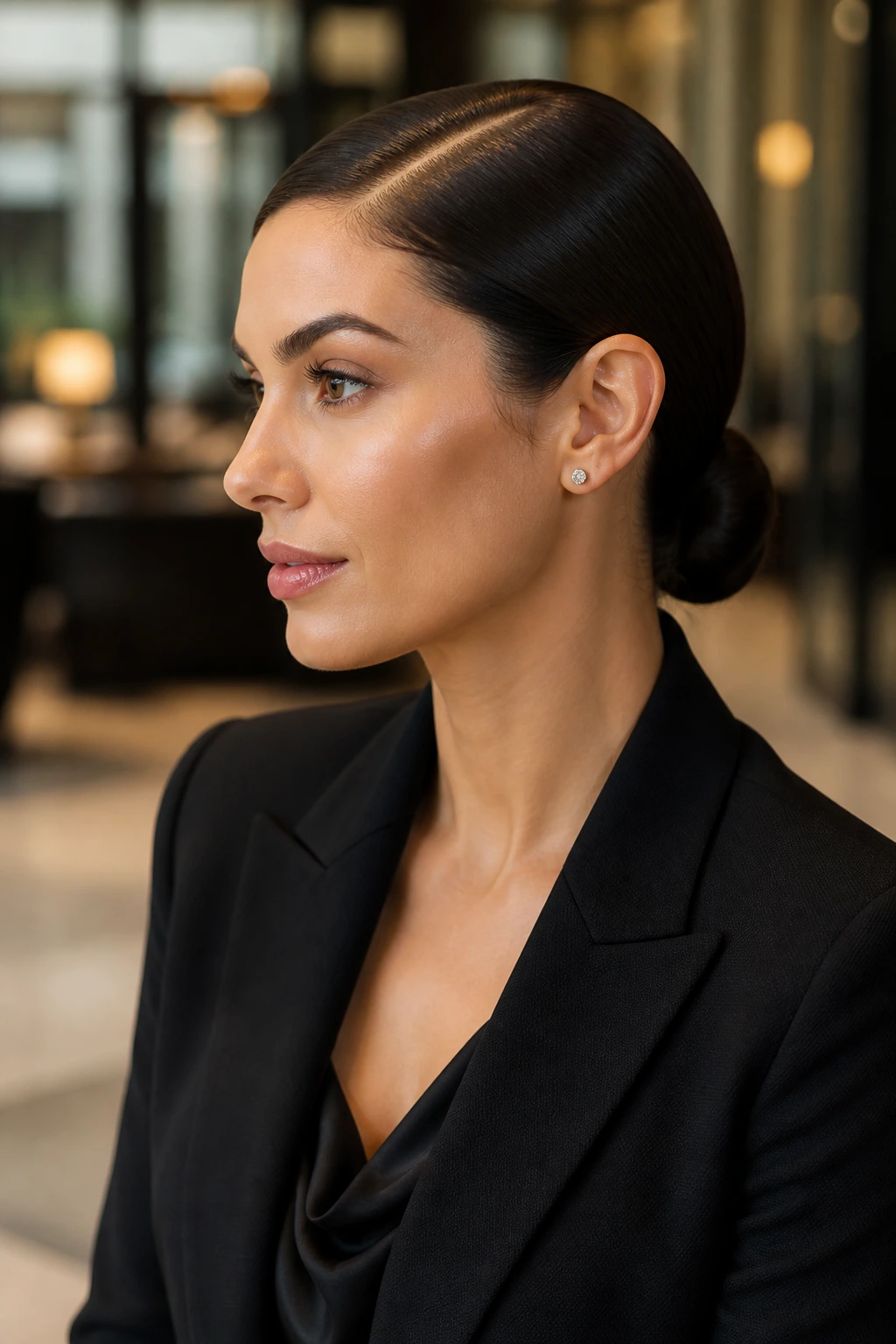 Close-up of a real woman with a polished sleek low bun and deep side part