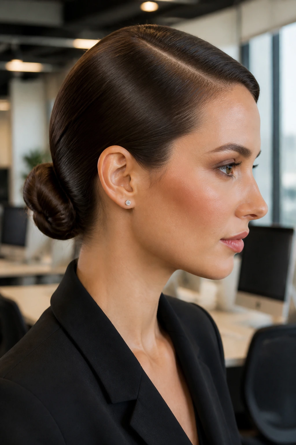 Close-up of real woman wearing a sleek low bun with a deep side part