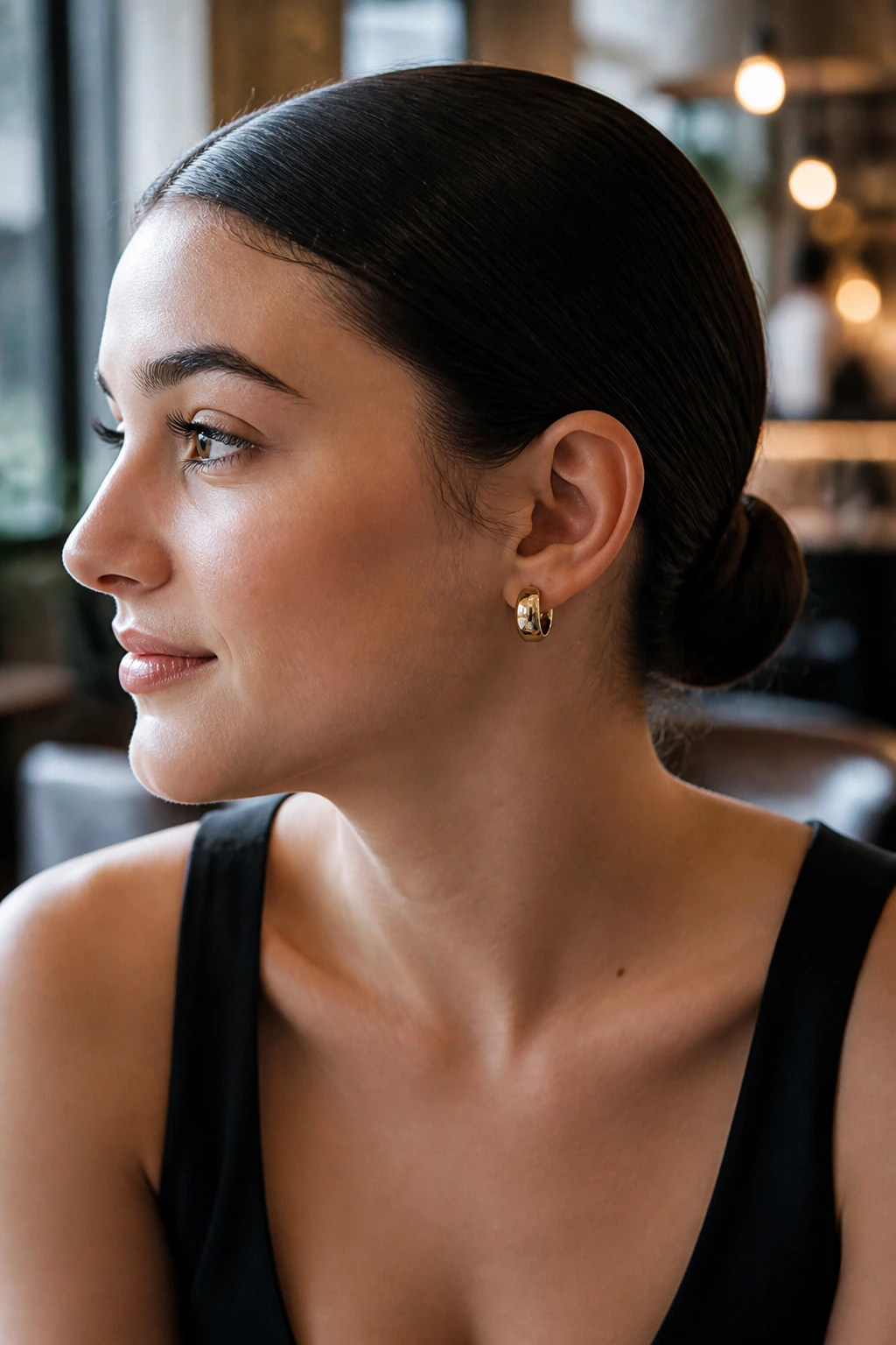 Close-up portrait of a real person with a sleek low bun